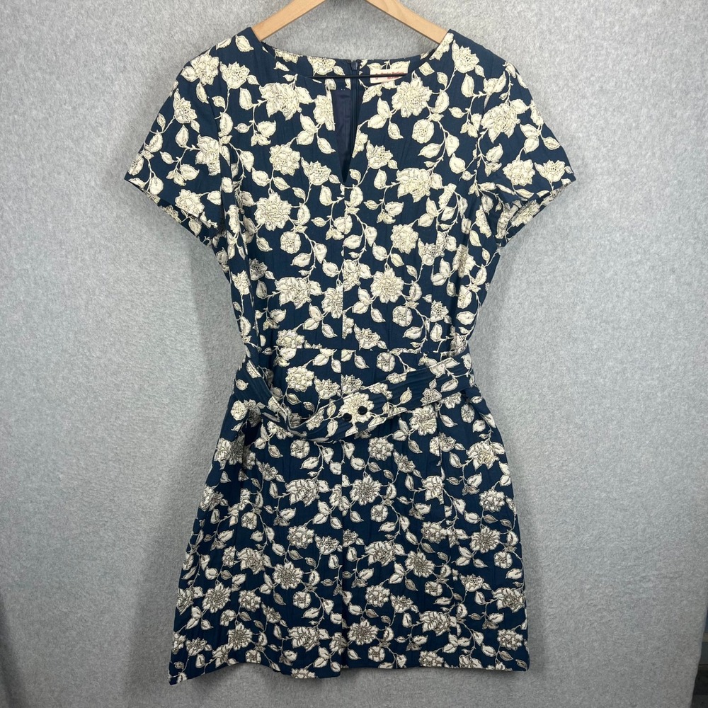 Brooks Brothers Red Fleece Dress Womens 8 Navy Blue Floral Metallic Jacquard EUC